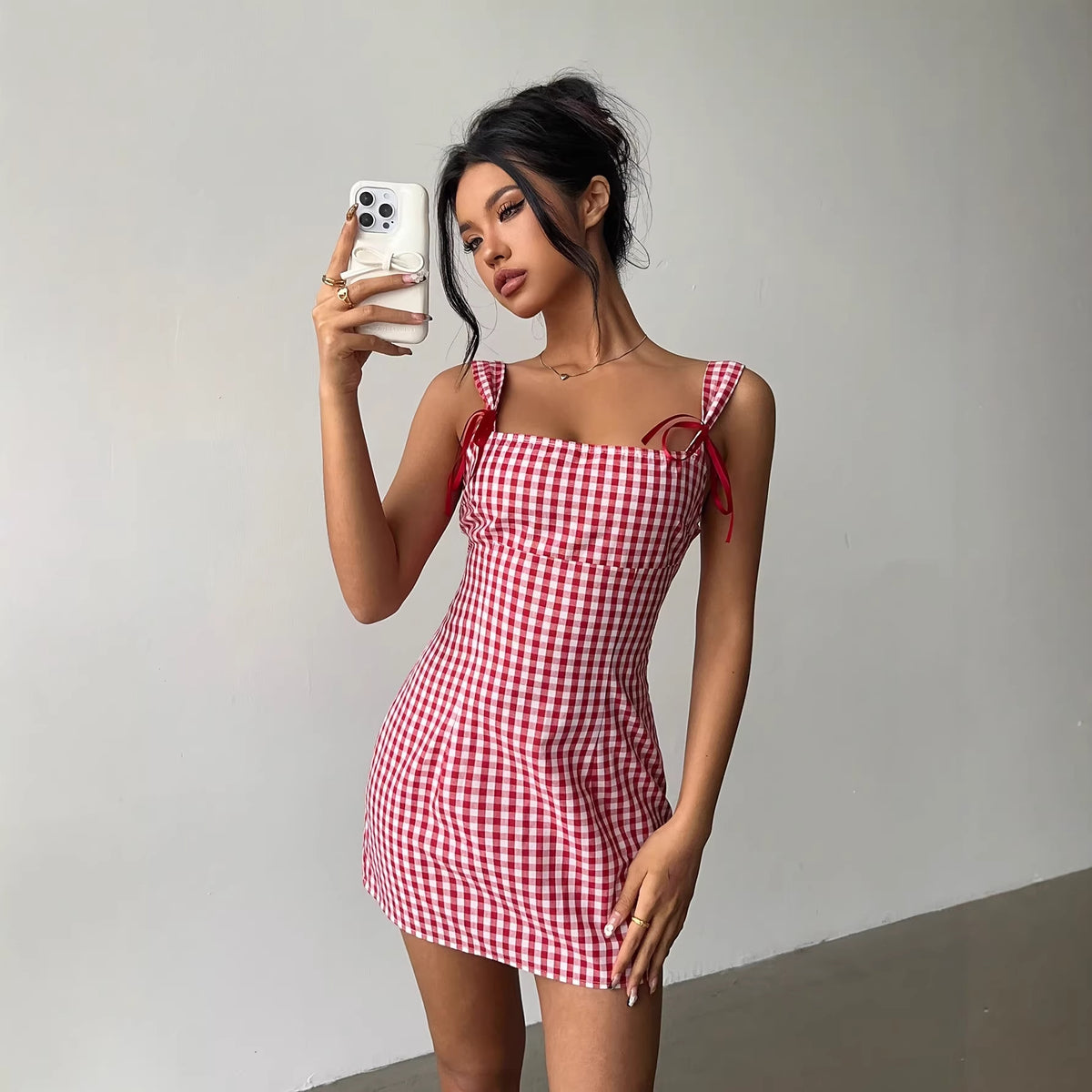 Y2K Plaid Suspender Bow Dress