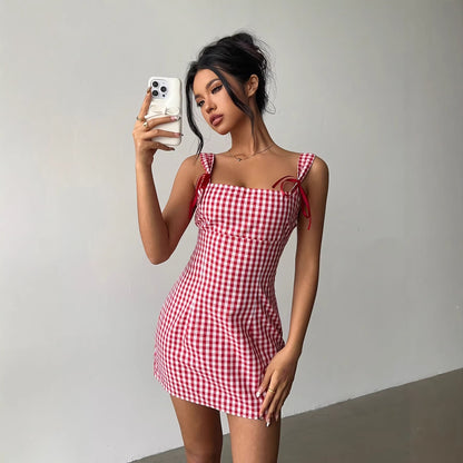 Y2K Plaid Suspender Bow Dress