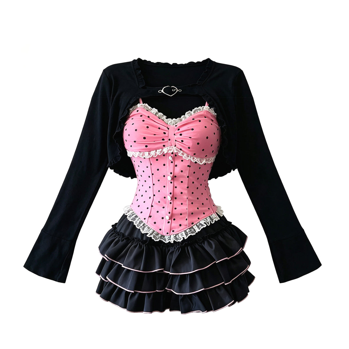 Y2K Polka Dot Dress Set with Heart Buttons