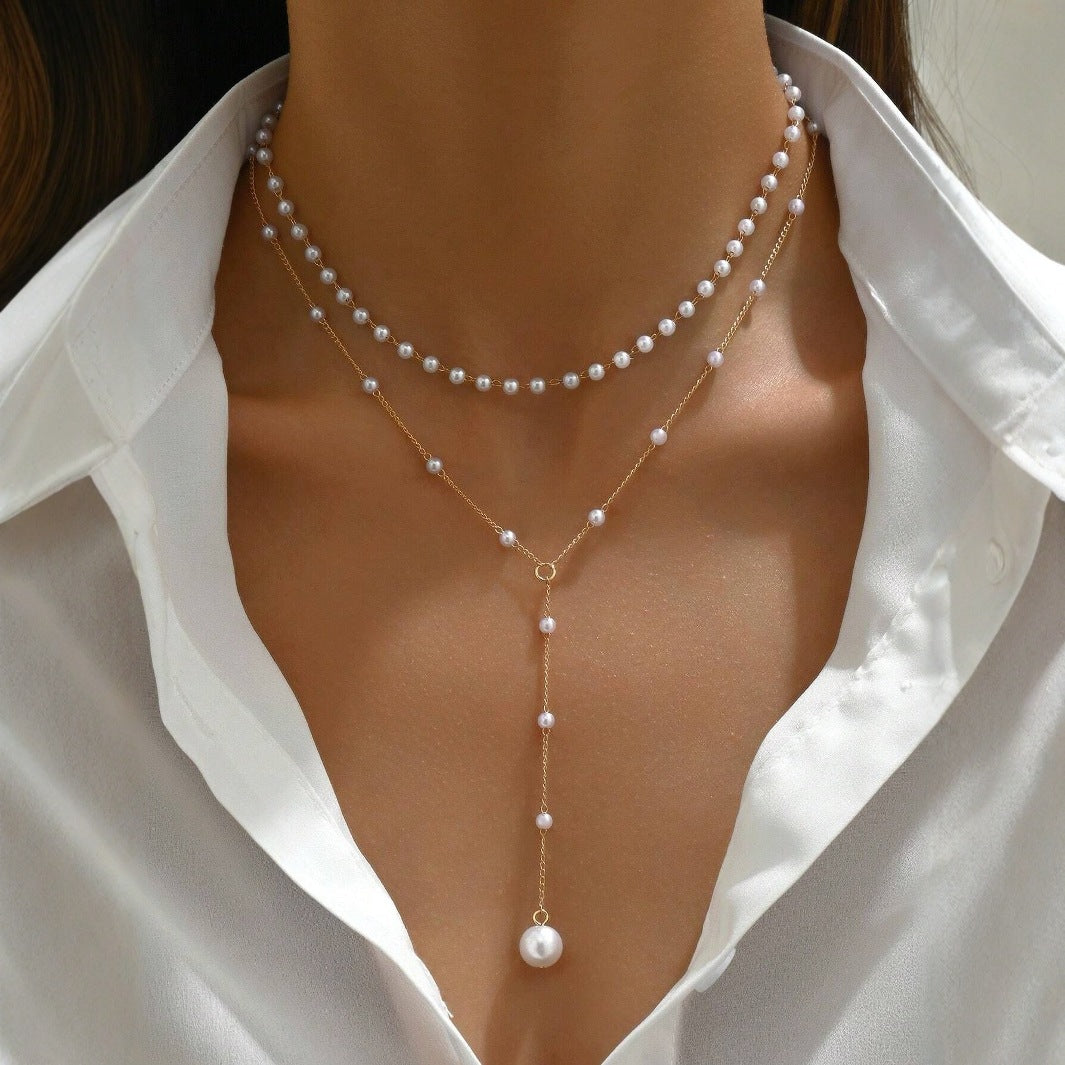 Y-Shape Pearl Tassel Layered Necklace