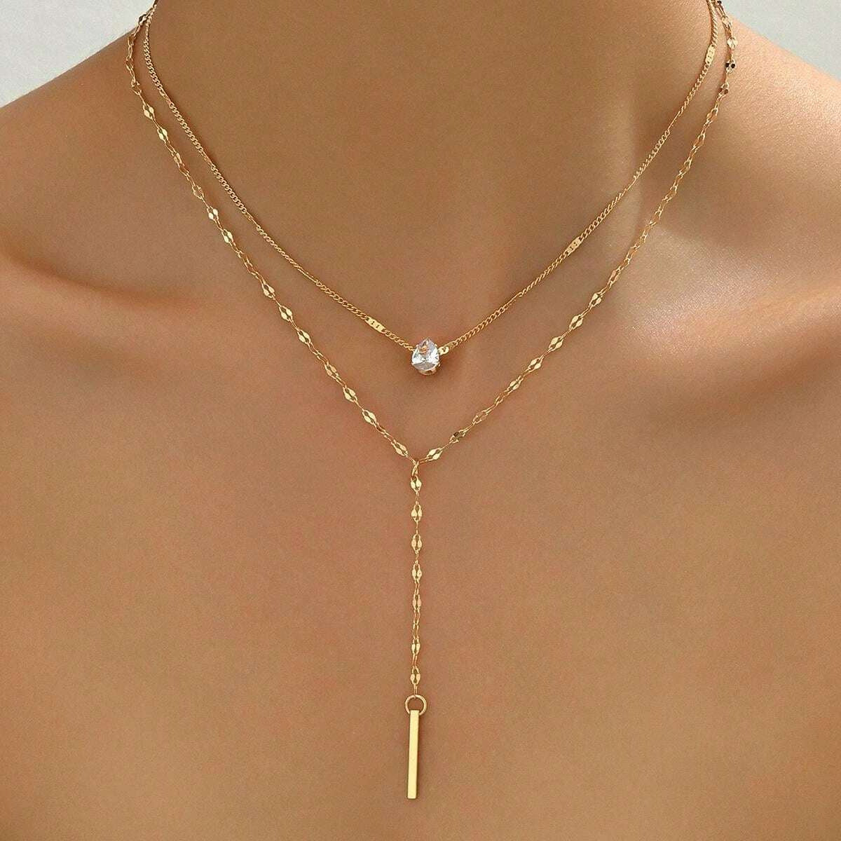 Y-Shaped Tassel Rhinestone Layered Necklace