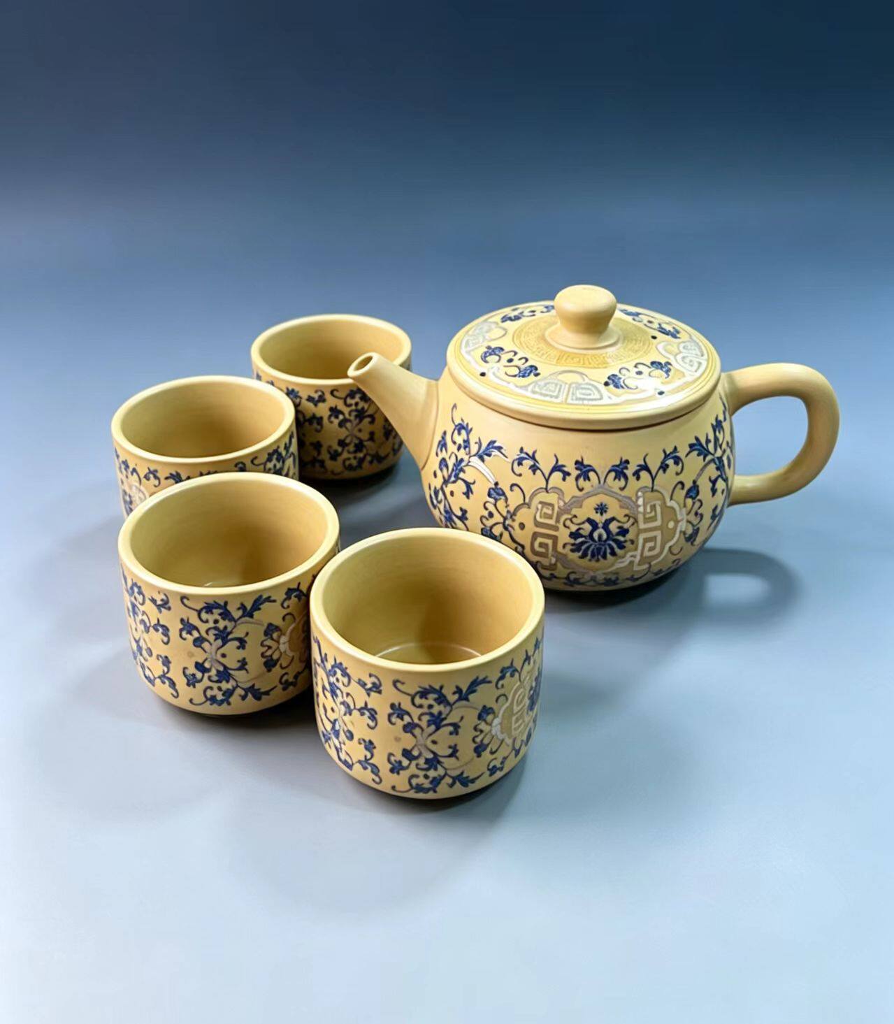 Yellow Clay Cloisonné Lotus Pattern Han-Style Teapot 1 Pot 4 Cups