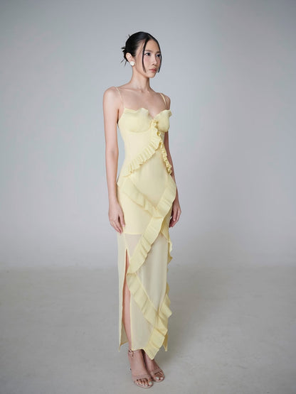 Yellow Spaghetti Strap Dress Slim Fit Irregular Long Dress
