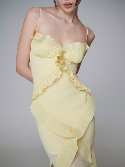 Yellow Spaghetti Strap Dress Slim Fit Irregular Long Dress