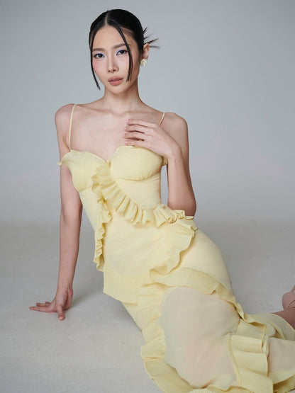 Yellow Spaghetti Strap Dress Slim Fit Irregular Long Dress