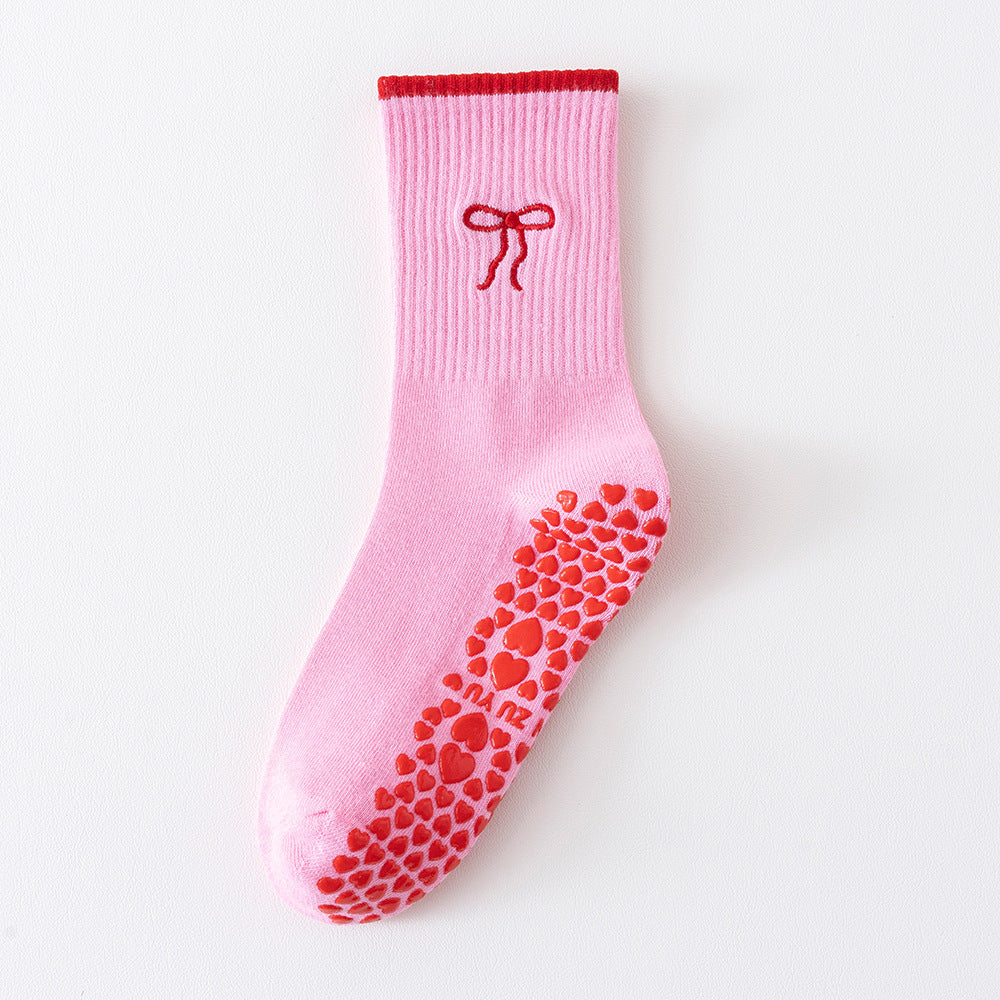 Yoga Socks Women's Mid-Calf Cotton Socks Breathable Embroidered Bow Professional Anti-Slip Dispensing Fitness Training Pilates Socks