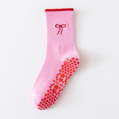 Yoga Socks Women's Mid-Calf Cotton Socks Breathable Embroidered Bow Professional Anti-Slip Dispensing Fitness Training Pilates Socks