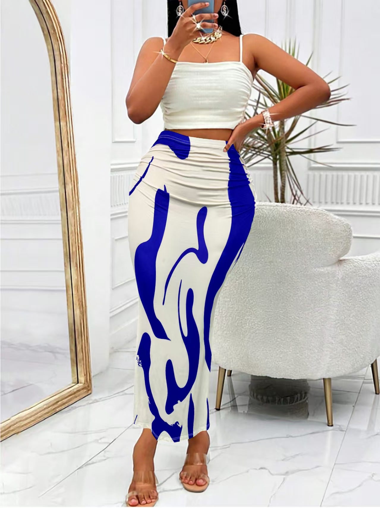 Zebra Print High Waist Fishtail Denim Skirt