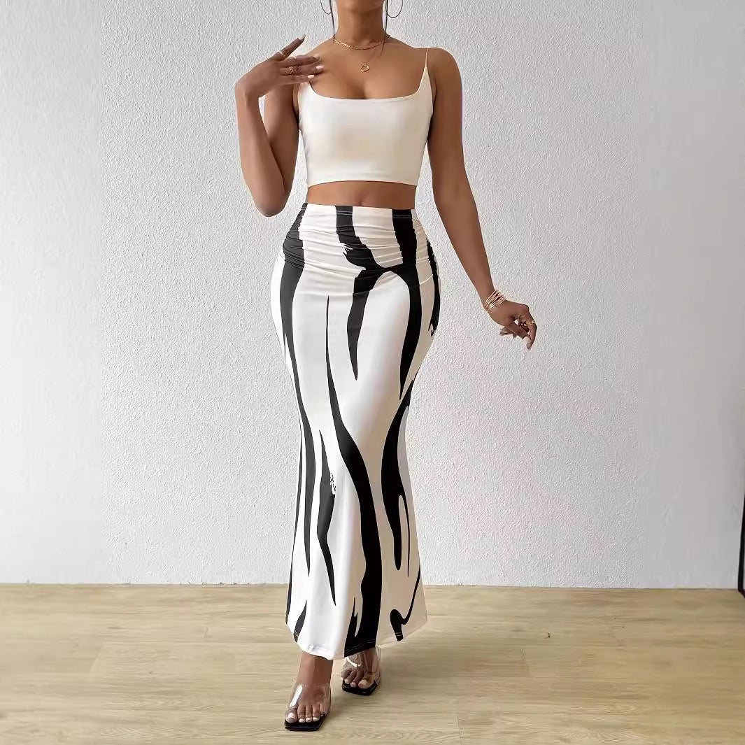 Zebra Print High Waist Fishtail Denim Skirt