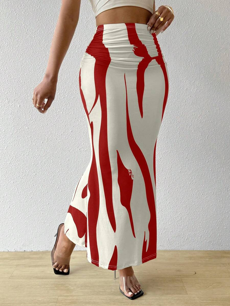 Zebra Print High Waist Fishtail Denim Skirt