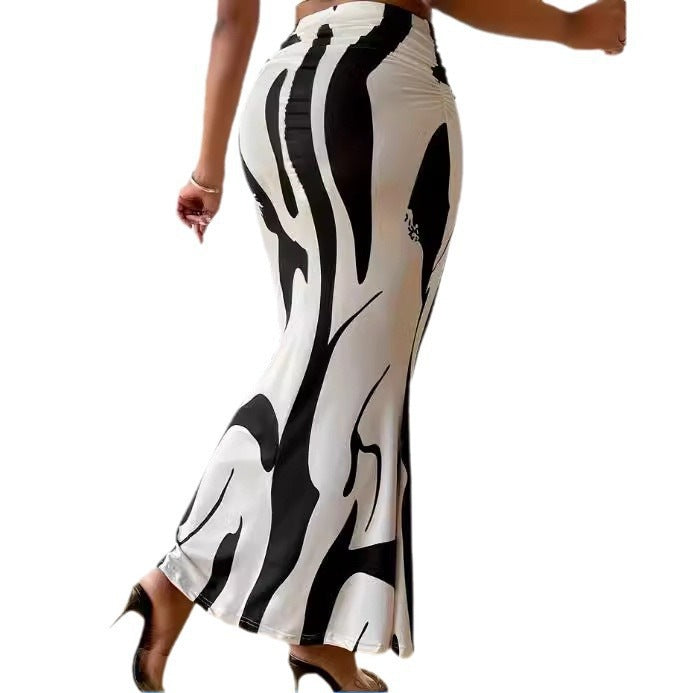 Zebra Print High Waist Fishtail Denim Skirt