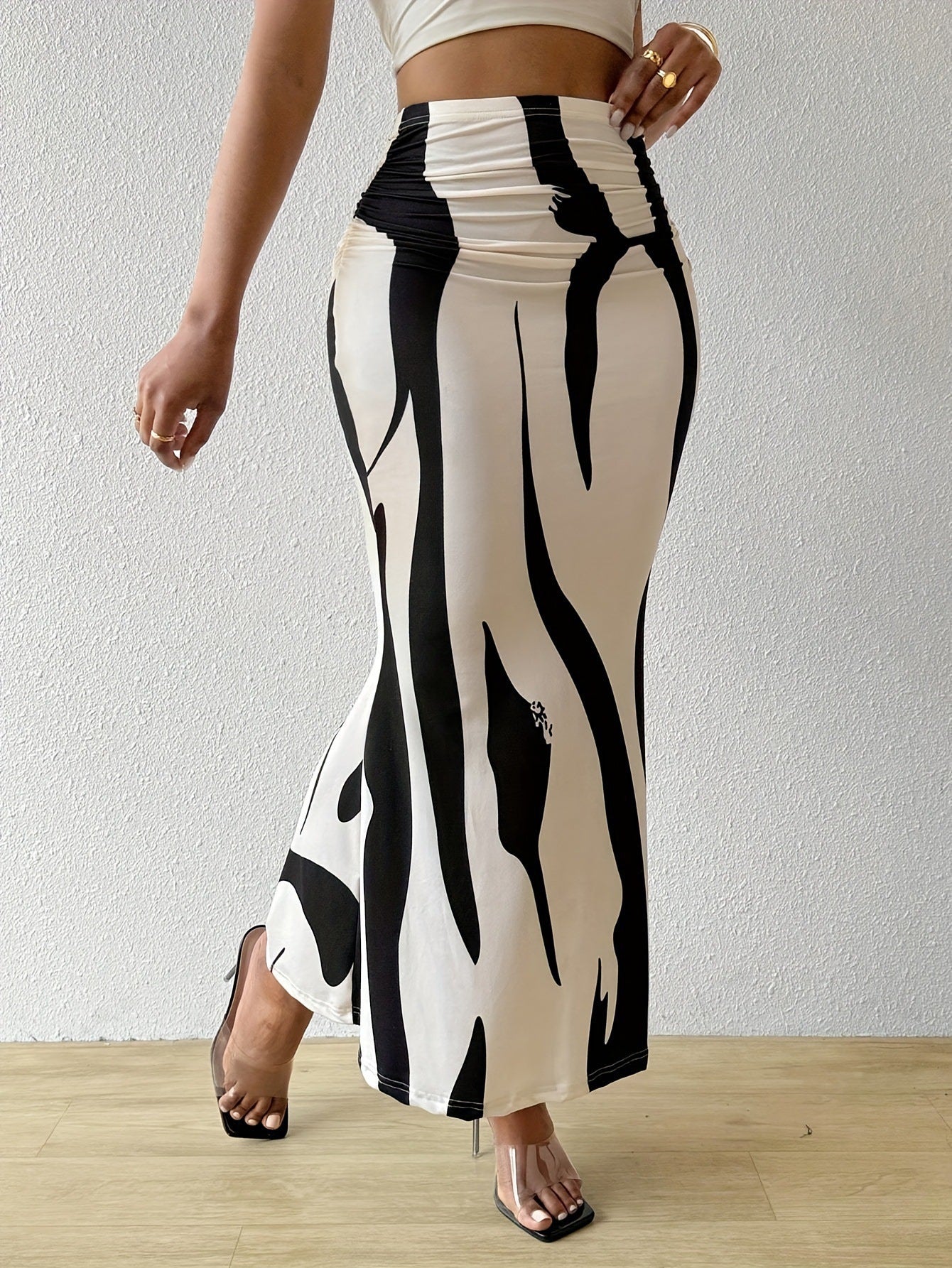 Zebra Print High Waist Fishtail Denim Skirt