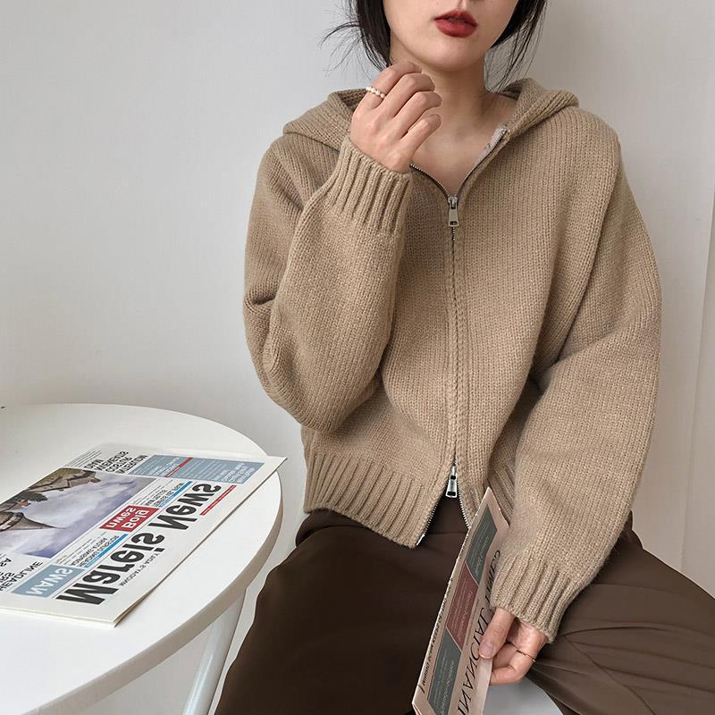 Zipper Hooded Knitted Cardigan for Women