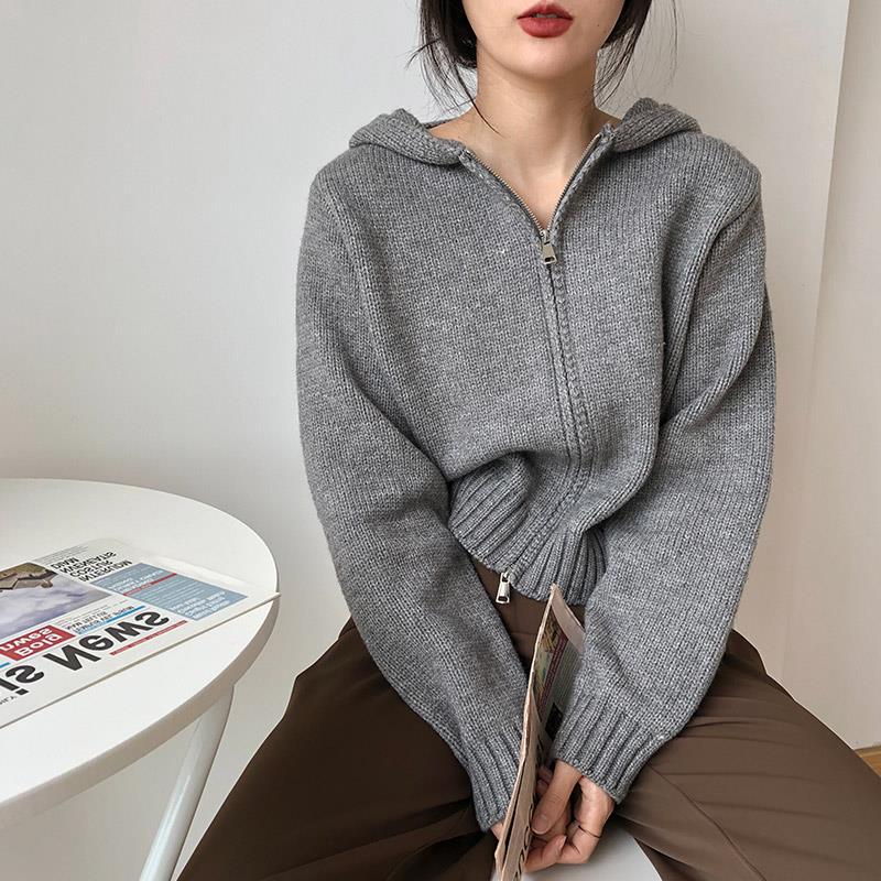 Zipper Hooded Knitted Cardigan for Women