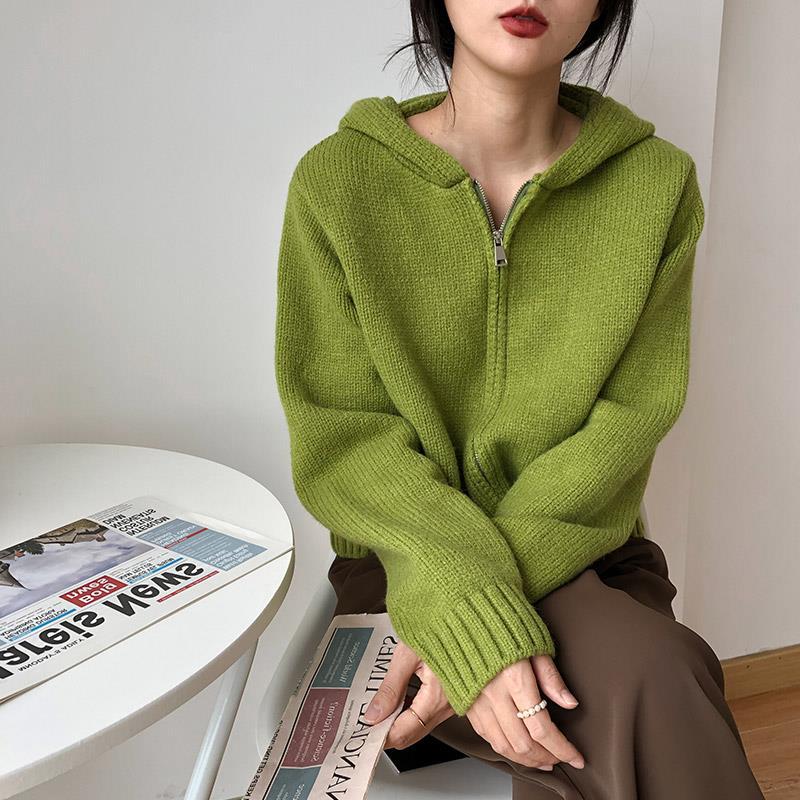 Zipper Hooded Knitted Cardigan for Women