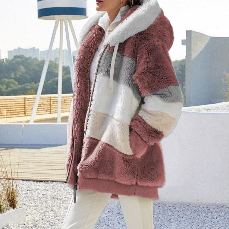 Zipper Pocket Hooded Loose Coat Women