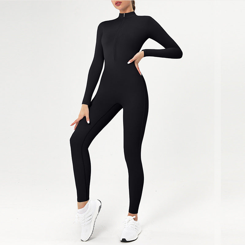 Zipper unlined long-sleeved yoga one-piece suit