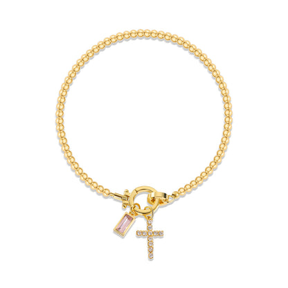 Zircon Birthstone Cross Pendant Beaded Bracelet
