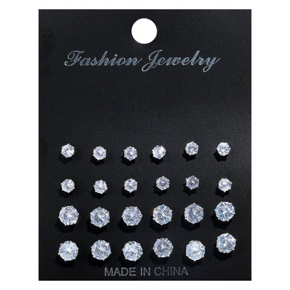 Zircon Stud Earrings 12 Pairs Set