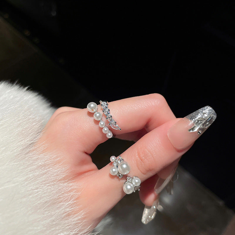 Zircon Wheat Ear Artificial Pearl Opening Ring Niche Light Elegant Finger Ring High Sense Elegant Elegant Jewelry