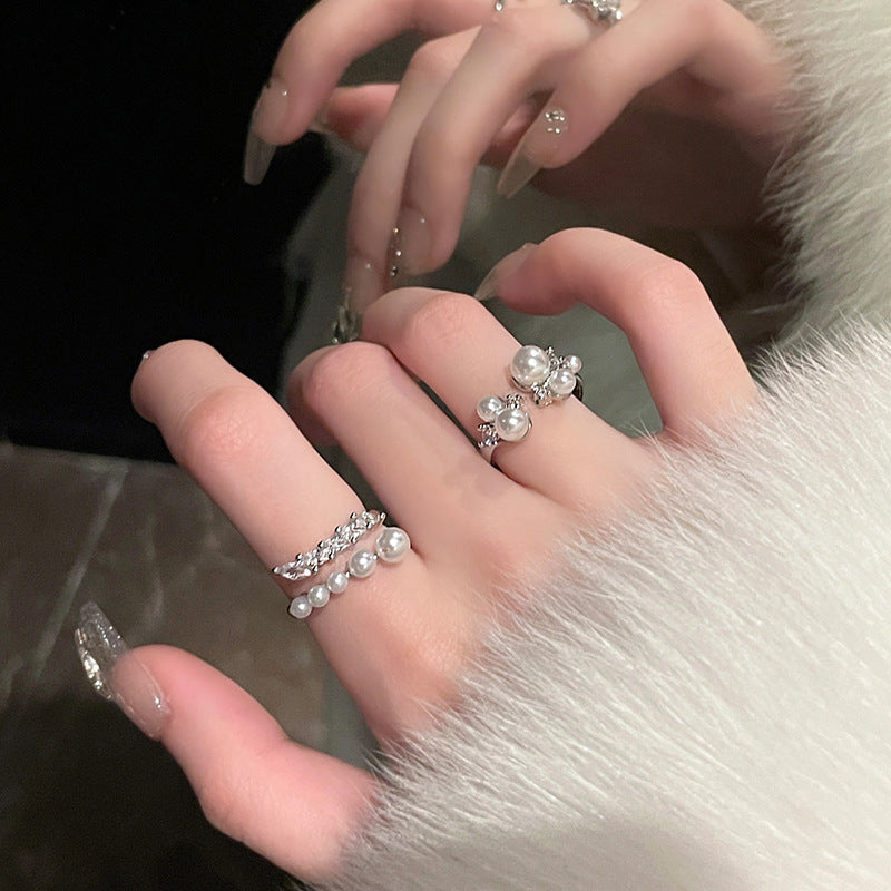 Zircon Wheat Ear Artificial Pearl Opening Ring Niche Light Elegant Finger Ring High Sense Elegant Elegant Jewelry