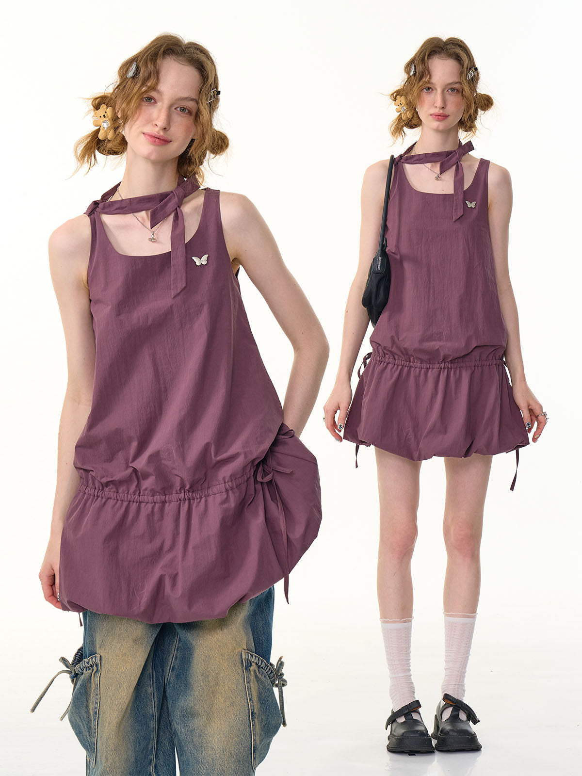 Zizifei Summer Retro Lace-Up Floral Hem Camisole Dress