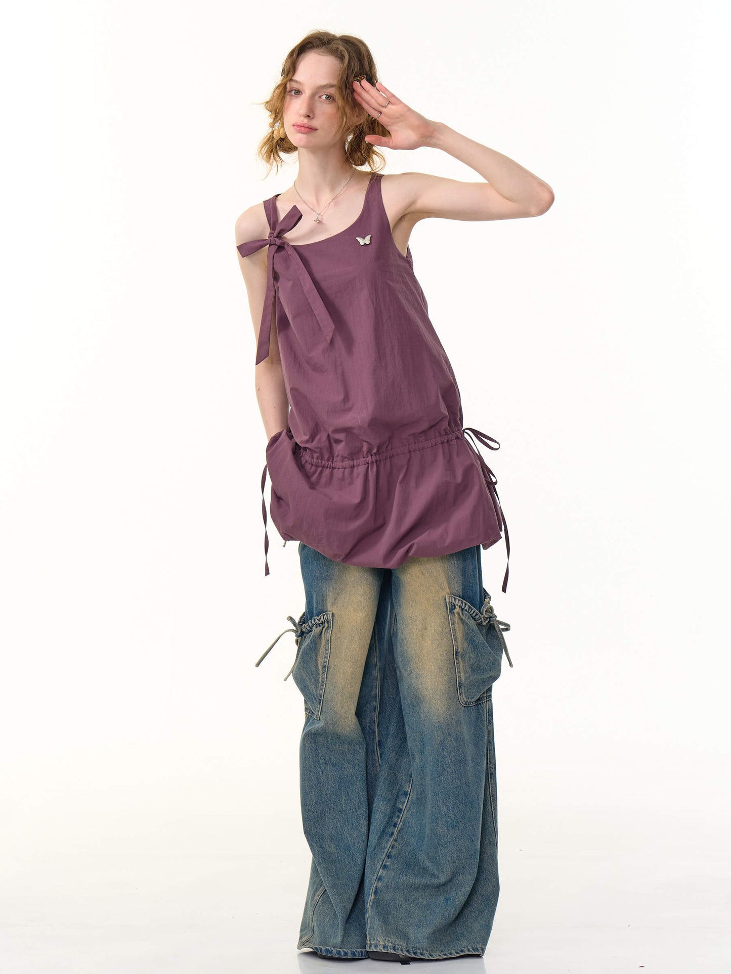 Zizifei Summer Retro Lace-Up Floral Hem Camisole Dress